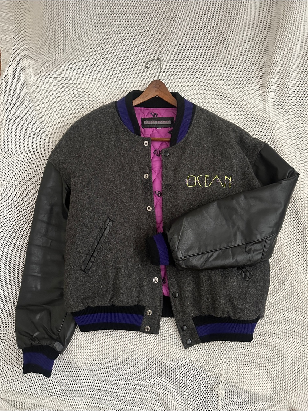 Vintage Ocean Pacific Gray & Black Varsity Jacket with Purple Trim